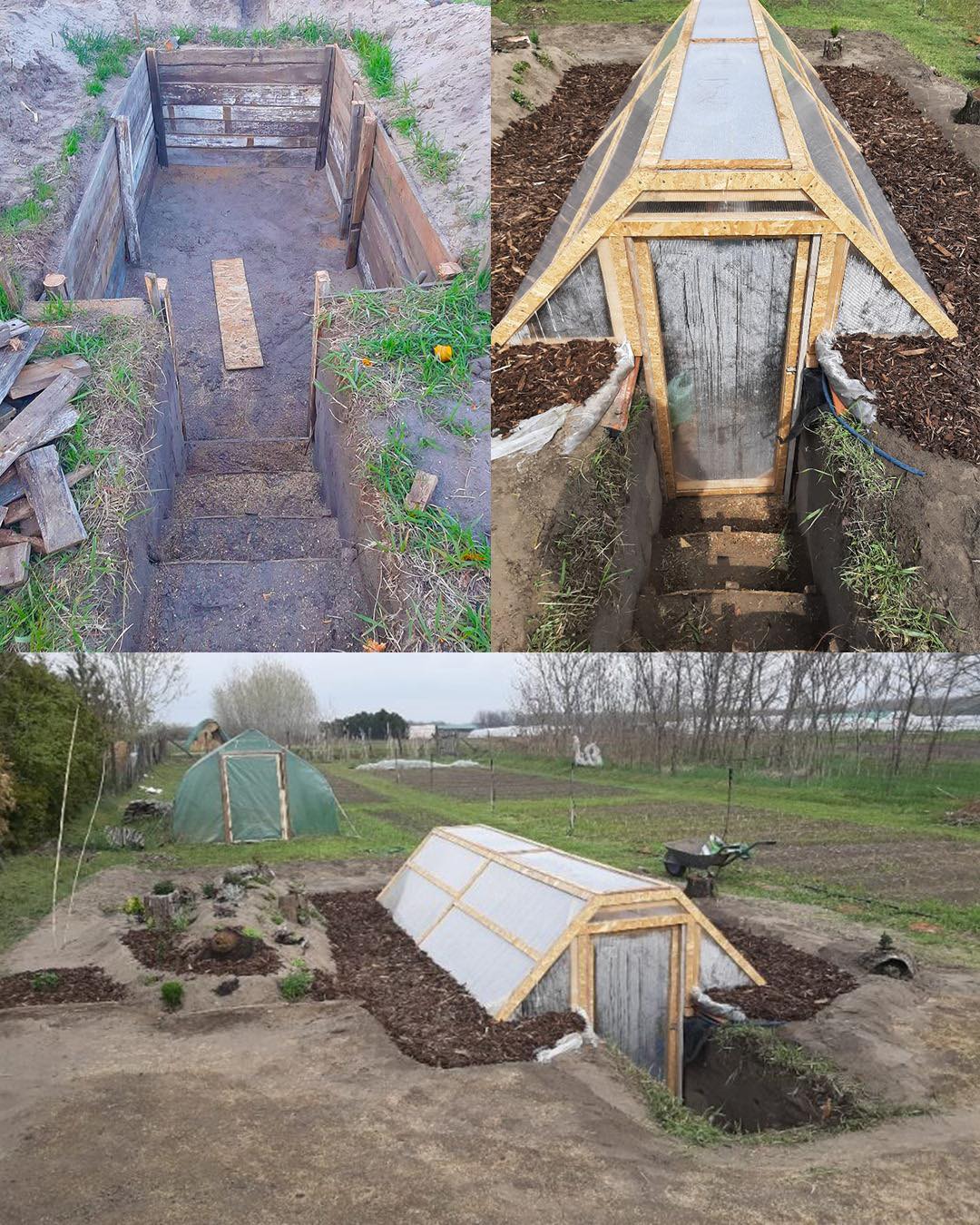 This meme is a humorous illustration of a garden's transformation from a mess to a well-organized garden bed. The top-left image shows a chaotic garden bed with weeds and debris, while the top-right image shows a garden bed with a new garden bed frame and a greenhouse. The bottom image shows a garden bed with a new garden bed frame and a greenhouse, with a caption "When you finally get your garden bed to look like the gardening books"